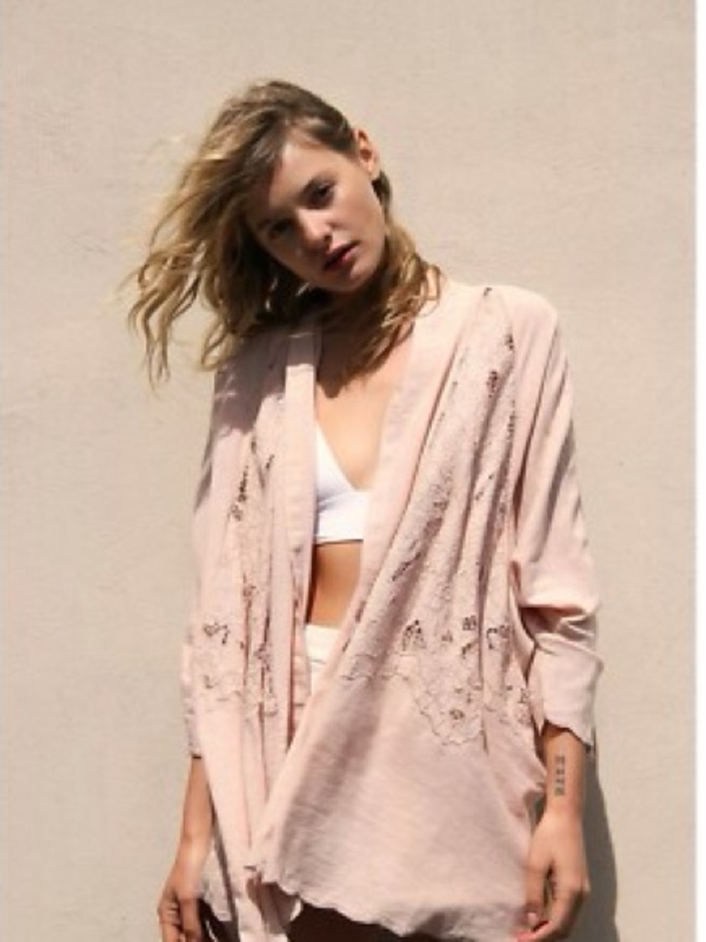 Free People Cool Nights kimono pink Eyelet Lace Cutout Cardigan Cover Up large